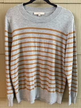 LOFT Light Gray & Camel Striped Crewneck Pullover